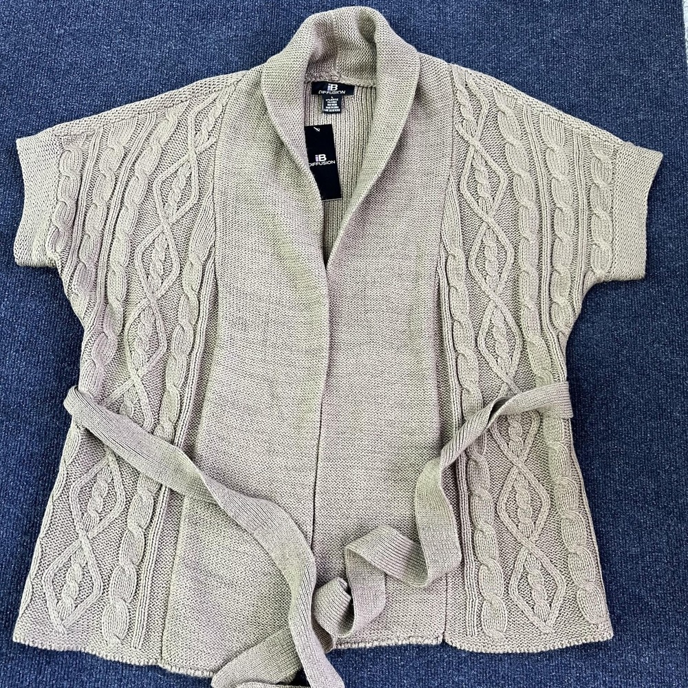 IB Diffusion Cardigan Sweater Womens Large Beige Cable Knit Belted Shawl Collar